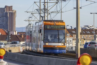 Tram on the Kurt Schumacher Bridge, which connects Mannheim and Ludwigshafen across the Rhine. The