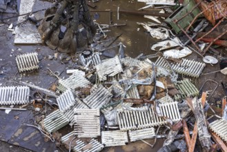 Scrap trade in a commercial port. Old radiators are ready for scrapping and recycling. Mannheim,