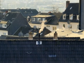 Smoke plume from a chimney over densely built residential area in the evening light, wintry city