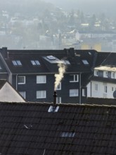 Smoke plume from a chimney over densely built residential area in the evening light, wintry city