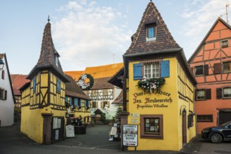 Christmassy decorated houses and alley with half-timbered houses, Christmas market, Eguisheim,
