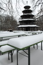 Winter in the English Garden, snow-covered beer garden tables and benches, Chinese Tower, Munich,