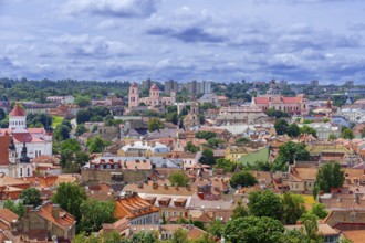 View over red rooftops, cathedral and churches in the Old Town of Vilnius, Vilniaus senamiestis,