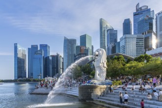 The Merlion Park at Marina Bay near the Central Business District, CBD and skyline with skyscrapers