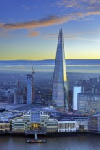 The Shard, pyramid-shaped skyscraper and London Bridge Station along the River Thames in Southwark