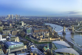 Aerial view from Sky Garden over the Tower of London, Tower Bridge, River Thames and city skyline