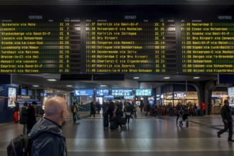Commuter, tourist looking at train departures in departure hall of the NMBS Brussels-South railway