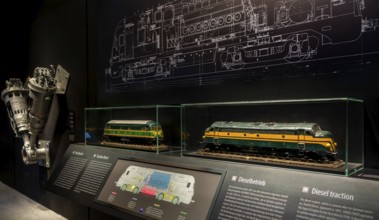 Model trains on display diesel traction explanation at Train World, railway museum in Schaerbeek,