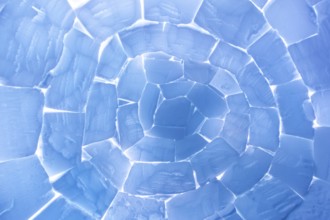 Interior of igloo showing roof built from stacked snow bricks in a catenary, curved shape