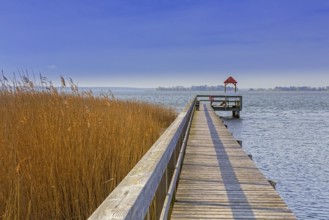 Wooden jetty in Wieck am Darß, Fischland-Darss-Zingst, holiday resort on the Darß peninsula in