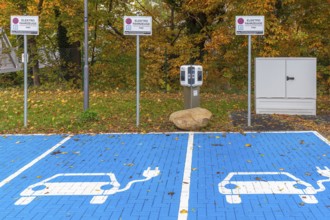 Parking area with empty public charging station / loading points from KEBA, network of chargers for