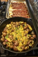 Denver, Colorado - Potatoes and bacon cookingon the stove for breakfast