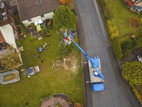 Work scene viewed from above with lift and vehicle on a green area in the suburbs, tree work,