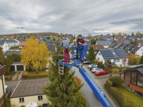 View of workers in a lift in front of a panorama of an autumnal residential area, tree work,