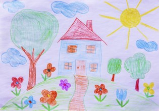 Naive illustration, children's drawing, house with garden, flowers, sunshine and cloud, Austria