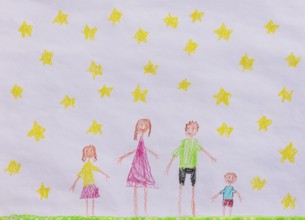 Naive illustration, children's drawing, family with children, starry sky