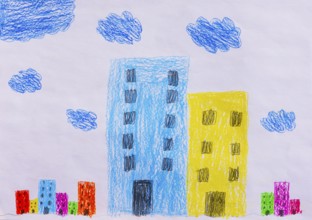 Naive illustration, child drawing, skyscrapers, cloud, city