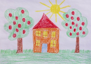 Naive illustration, children's drawing, residential building with garden and fruit trees, sunshine