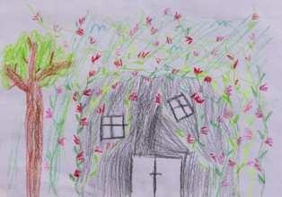 Naive illustration, children's drawing, house grown together with flowers, garden, tree