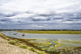 Boats and Marshes over Hurst Spit, Milford on Sea, Lymington, Hampshire, UK