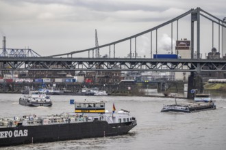 Cargo ships, Krefeld-Uerdinger bridge across the Rhine, near the Krefeld-Uerdingen Rhine port,