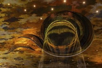 Artificial, brightly lit waterfall, Magic Waterfall, falls from the ceiling of the Iconsiam