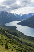 View of blue lake and mountains on Twin Peaks Trail, Eklutna Lake, Chugach Mountains, Chugach State