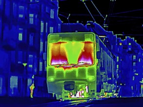 Thermal image or thermography, symbolic photo, interpolated. Light rail travel in urban areas.