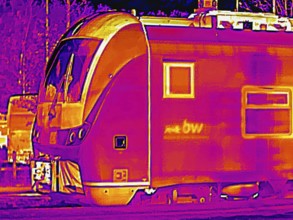 Locomotive in the train station. Thermal image or thermography, symbolic photo, interpolated.