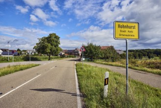 Town entrance sign, general development, building, road, guide post, trees, grass, forest, blue