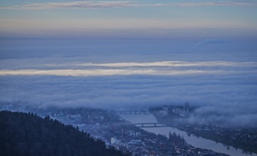 Aerial view of the city of Heidelberg on the Neckar, fog landscape of low-hanging clouds and fog