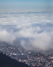 Aerial view of the city of Heidelberg on the Neckar, sea of fog from low-hanging clouds and fog