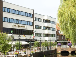 Papenburg city center, canals, left Hotel Kuhr, Emsland, Germany