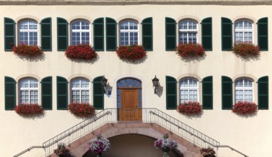 Architectural façade with symmetrical windows and green shutters decorated with red flowers, Bad