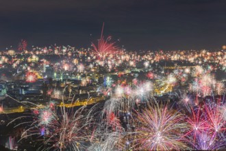 Stuttgart welcomes the new year 2026. Remarkable New Year fireworks over the city center.