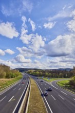 Hilly landscape, motorway exit AS Bessenbach Waldaschaff, lanes, guide post, guardrail, medium