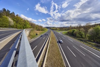 Hilly landscape, car bridges, motorway bridge, metal railings, road, motorway exit AS Bessenbach