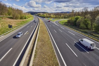 Hilly landscape, motorway exit AS Bessenbach Waldaschaff, lanes, guide post, guardrail, medium