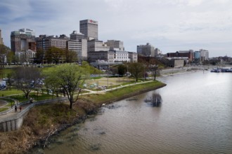 View of Memphis riverfront with city skyline in background, Memphis, Mississippi, USA