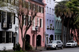 Vivid pastel colored row of houses on Rainbow Row in Charleston, Charleston, South Carolina, USA