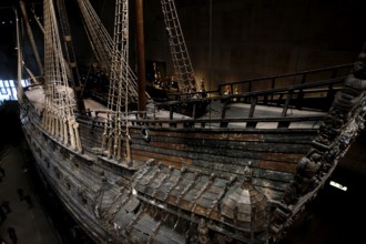 View of the detailed construction of the royal flagship Vasa in the Vasa Museum, Stockholm,