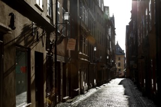 A shady old town alley in the historic old town of Stockholm, with paved paths and old buildings,