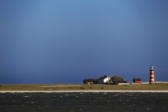 Lonely lighthouse on a quiet coastline under blue sky, Närsholmen, Gotland, Sweden