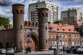 Historic district with Sackheim Gate and modern buildings in the background, Kaliningrad,