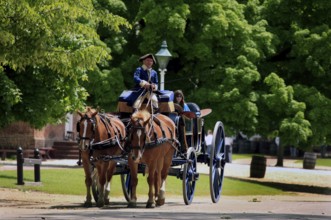 Historic horse-drawn carriage passes through Colonial Williamsburg, surrounded by green trees,