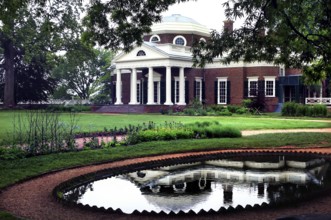 Jefferson's house and flower garden in Monticello next to a tranquil fishing pond, Charlottesville,
