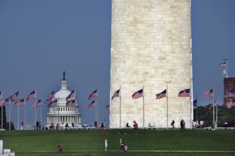Washington Monument with flags and the Capitol in the background, Washington D.C, USA