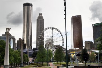 Downtown Atlanta skyline with SkyView Ferris wheel and surrounding skyscrapers, Atlanta, Georgia,