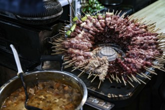 Yakitori skewers over an open grill in a bar in Shinjuku, Shinjuku, Tokyo, Japan