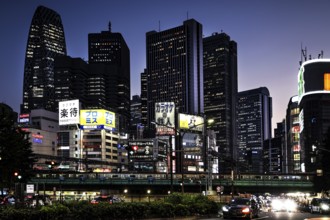 Night view of Shinjuku with illuminated skyscrapers and street scenes, Tokyo, Shinjuku, Japan